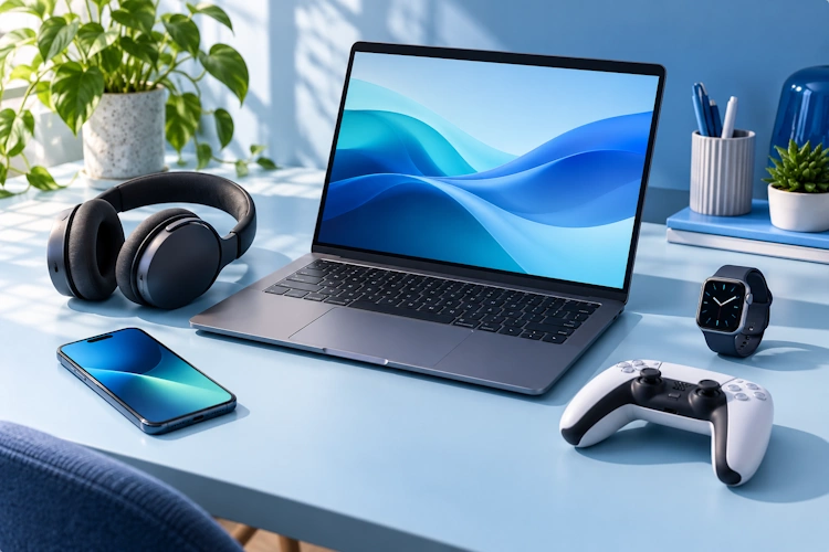 Laptop, headphones, phone, smartwatch and games controller arranged on a desk